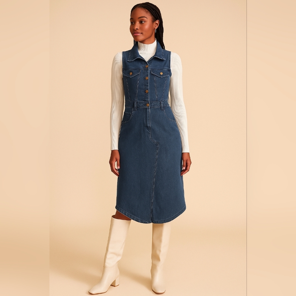 bebe Y2K Aesthetic Denim Midi Dress Sleeveless Collared M (Fits Small)